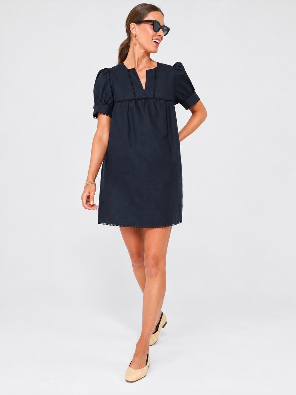 Tuckernuck Bridget Dress Size M Navy Linen Puff Sleeve Mini Dress